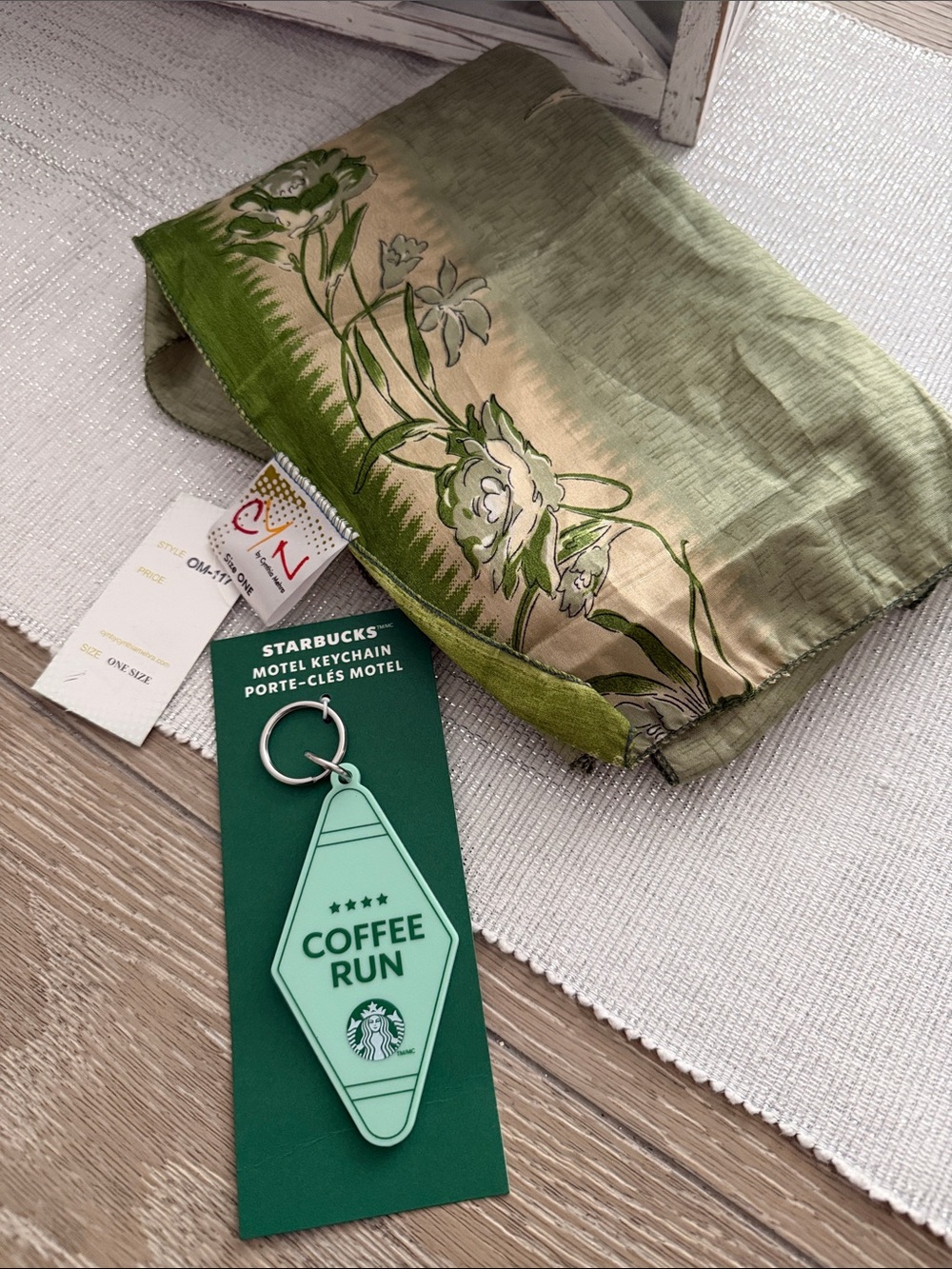 Starbucks Keychain Green Coffee Run Motel Keychain and silk scarf bundle NWT